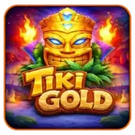 Tiki Gold slot game logo featuring a golden tiki mask with glowing eyes and flames